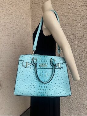 Turquoise Ostrich-Embossed Tote Bag with Double Handles